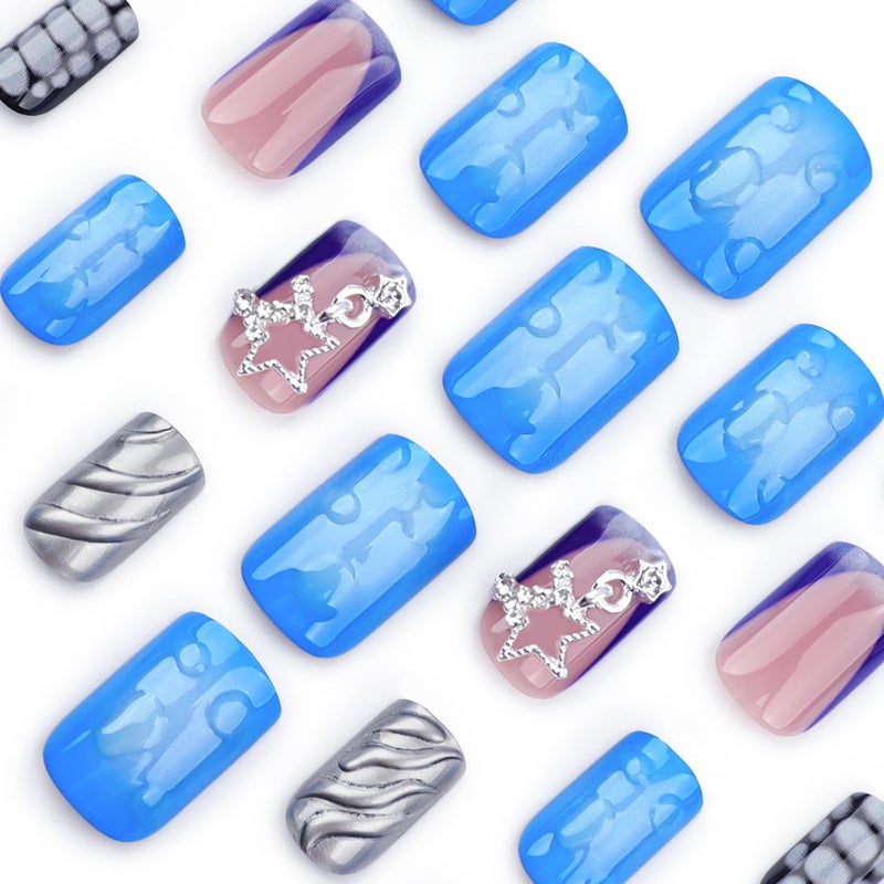 CJDLTS 3D Press On Nails - Short Square Metal Stars Chain Design False Nails - Full Cover Blue Smudge Artificial Acrylic Coffin Nails - Reusable Glue On DIY Stick On Nails for Women - 24 Pcs - Image 3